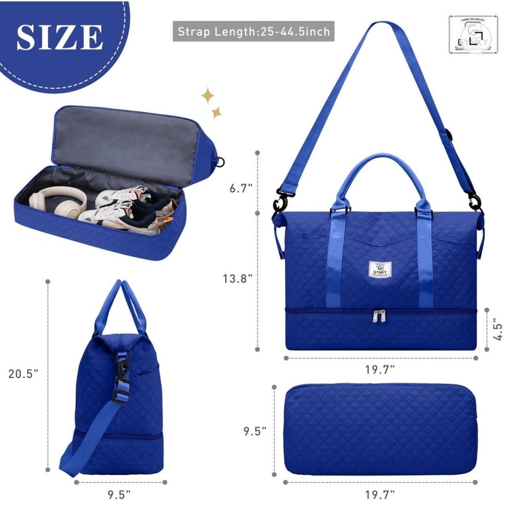 BRAND NEW Royal Blue Quilted Travel Overnight Duffle Bag Weekender & Wet Pocket