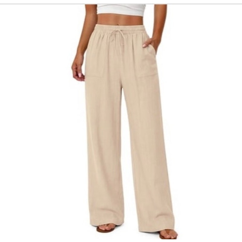 NWT ~ Beige Linen Wide Leg Pants Flowy Palazzo Drawstring Pockets Trousers ~ L