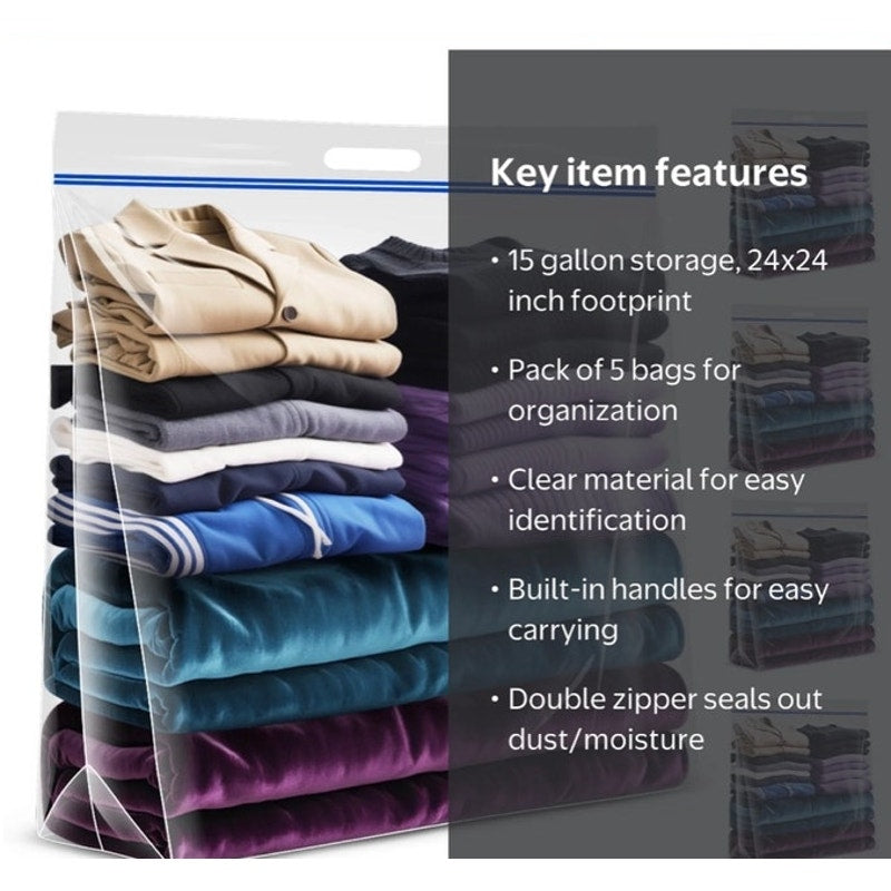 BRAND NEW ~ Set/5 Resealable 15 Gallon Jumbo Durable Storage Bags with Handles