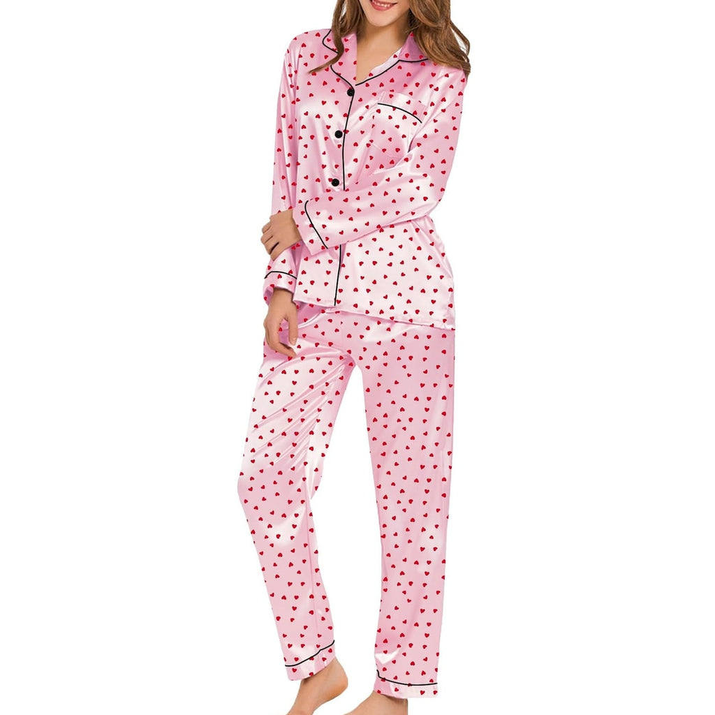 NWT ~ Women's Pink Satin Pajamas Red Hearts Black Trim PJ's ~ Size XL