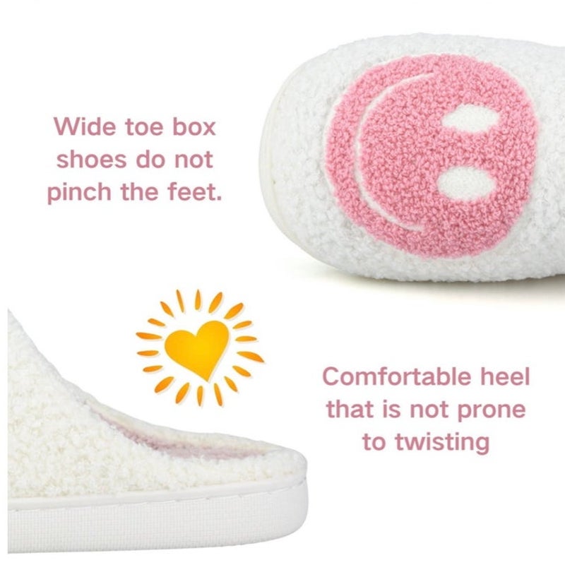 BRAND NEW ~ Pink & White Smiley Face Slip-On Non-Slip Fuzzy Slides Slippers ~8/9