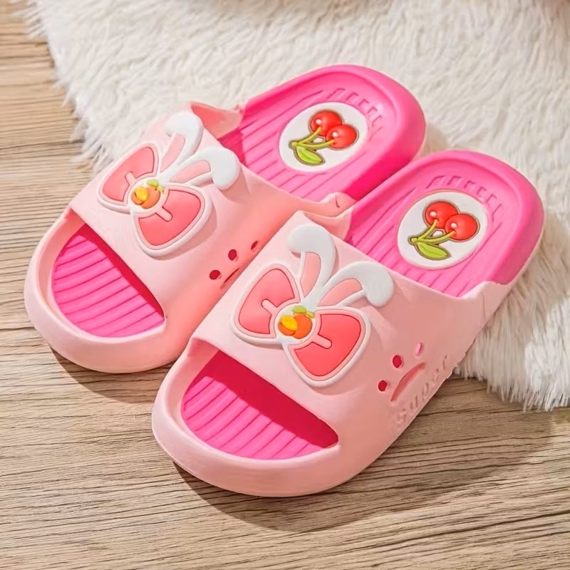 NWT ~ Girls Pink Bow & Cherries Summer Beach Slides Sandals ~ Youth Size 1-2