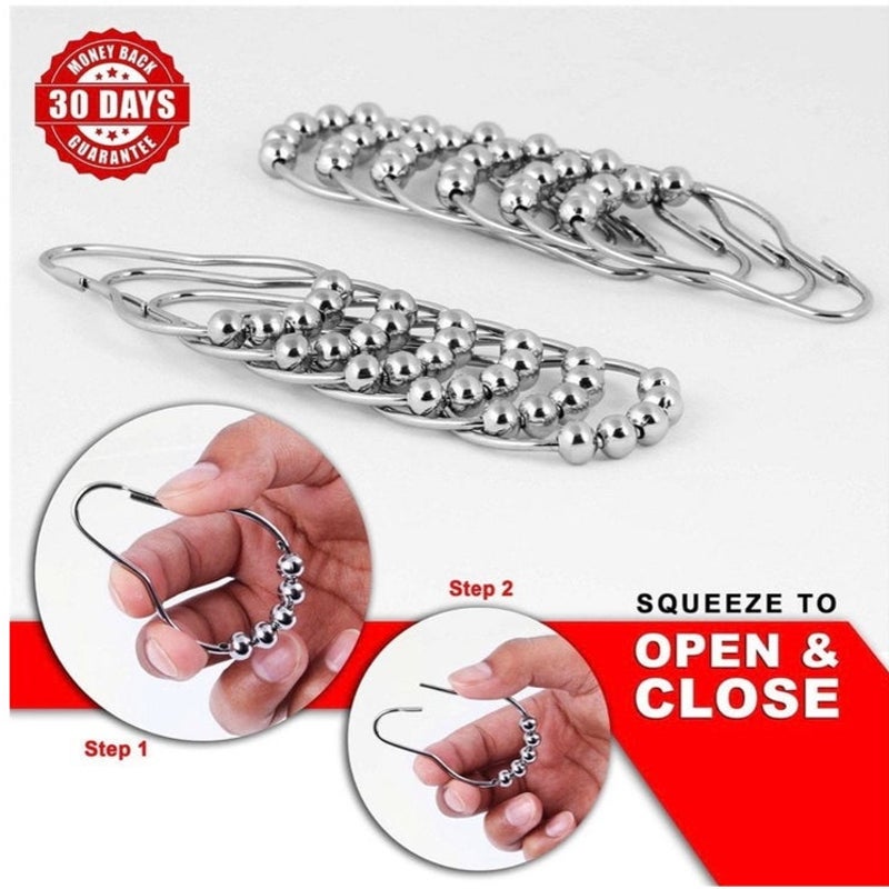 BRAND NEW ~ Set/12 Chrome Heavy Duty Shower Curtain Hooks Roller Rings & Balls