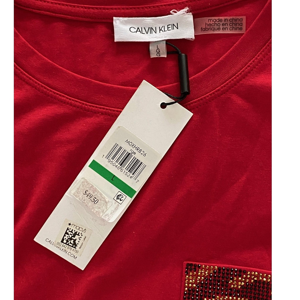 NWT ~ Calvin Klein Red Beaded Pocket T-Shirt ~ Women's Size LARGE
