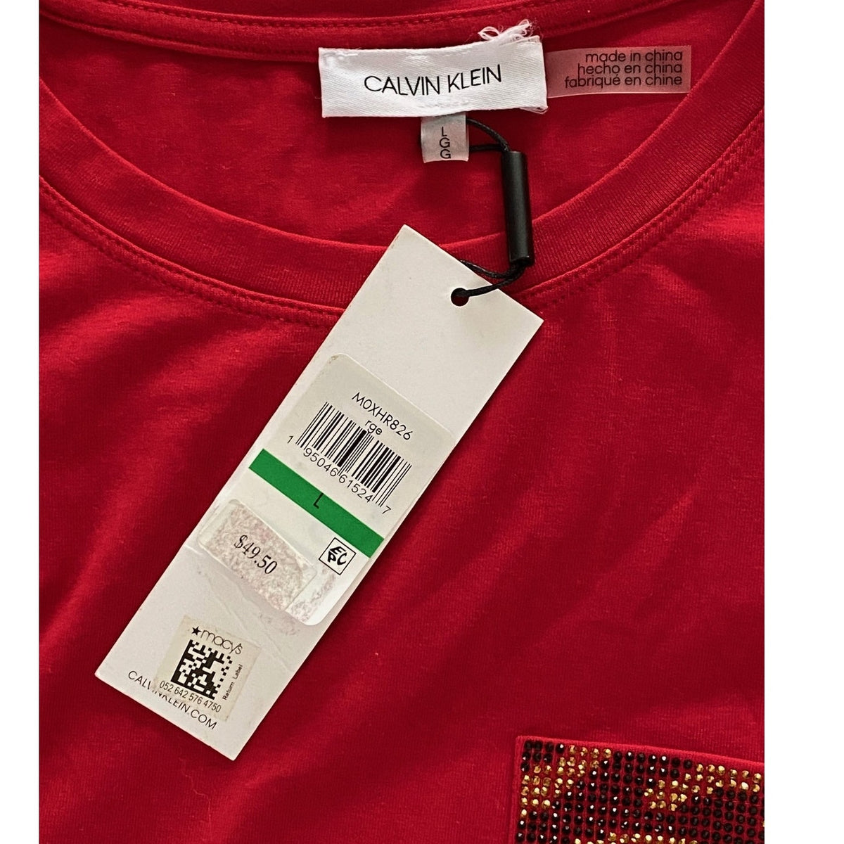 NWT ~ Calvin Klein Red Beaded Pocket T-Shirt ~ Women's Size LARGE