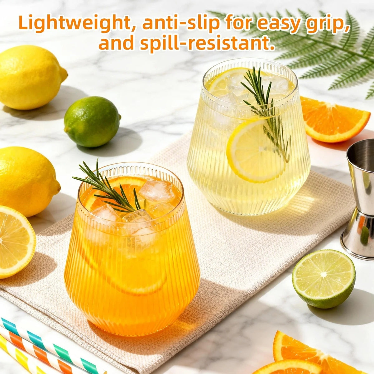 BRAND NEW ~ Set/24 Stemless 12 Oz Clear Ribbed Plastic Reusable Wine Glasses