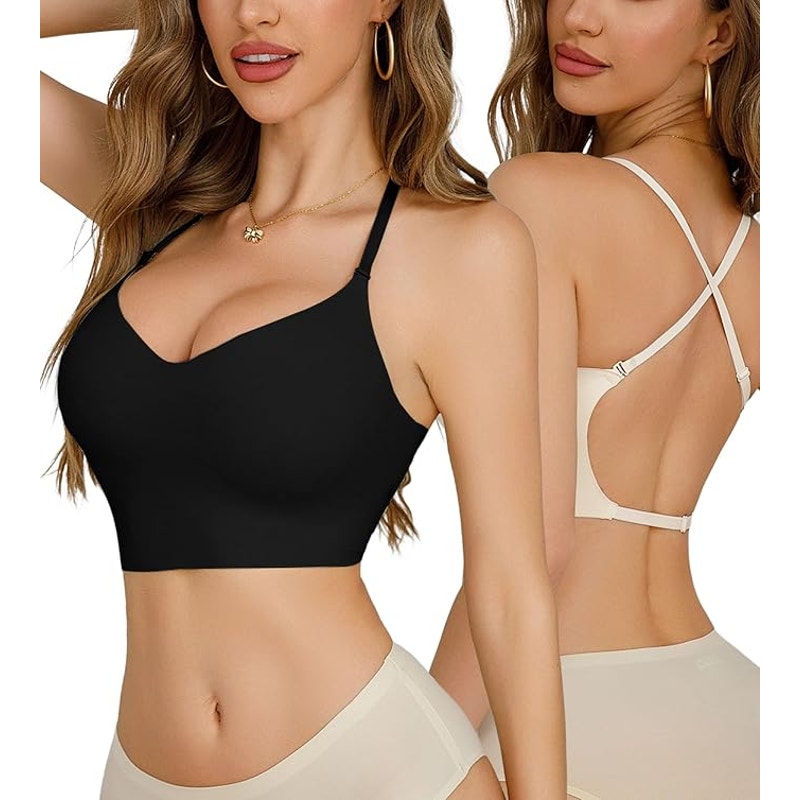 NWT ~ 2 Pack Black & White Seamless Low Back Wireless Halter Bras ~ Women's XXL