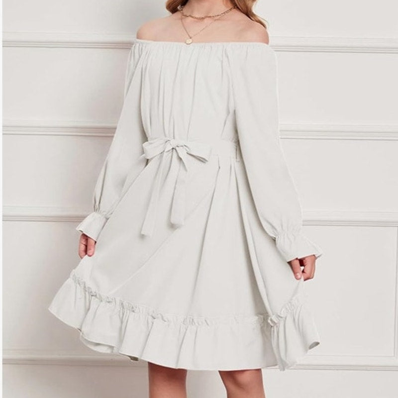 NWT ~ Bohemian White Stretchy Neckline Long Sleeve Boho Prairie Dress ~ Size 4