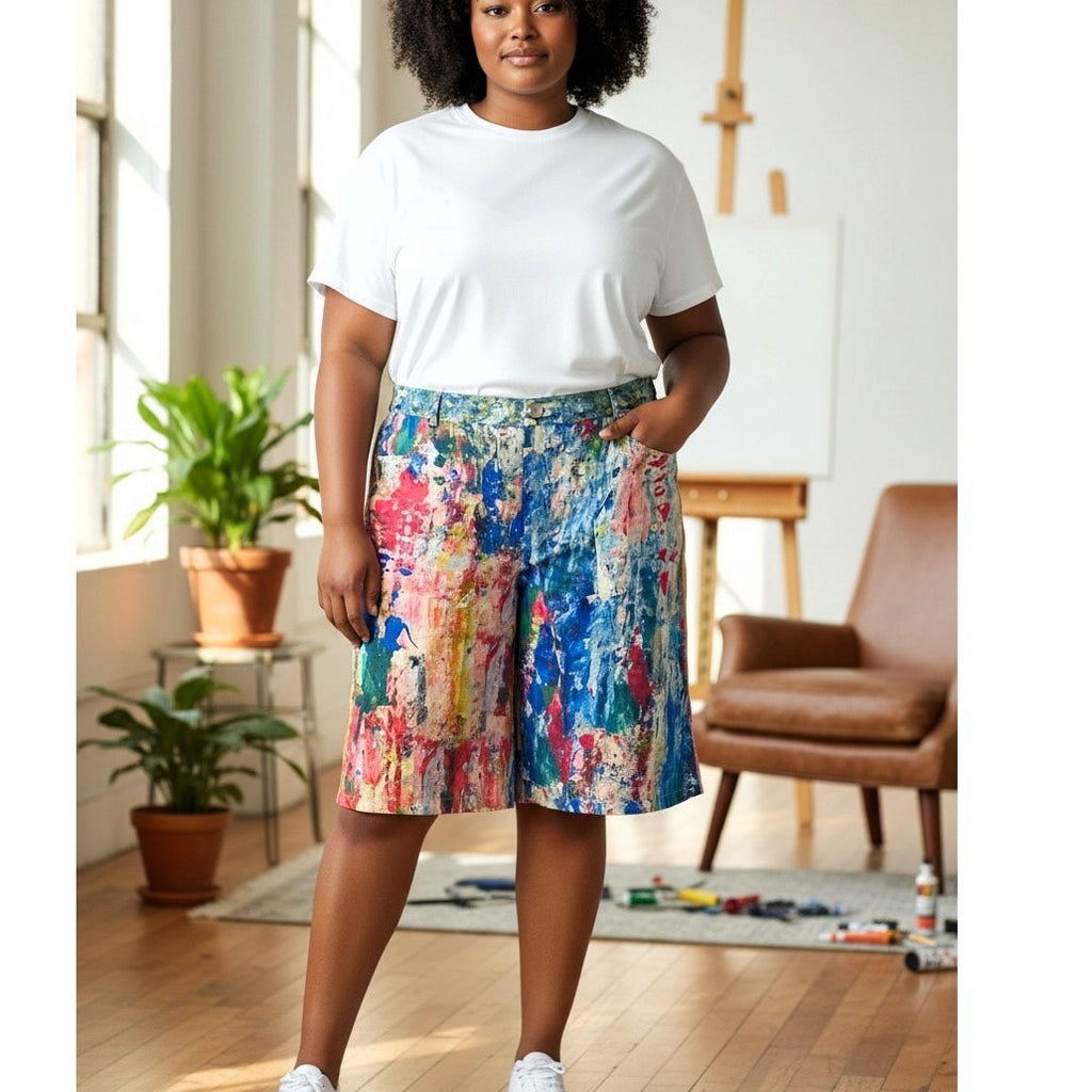 NWT ~ Women's Plus Size Paint Splatter Design Bright Colorful Shorts ~ XXL