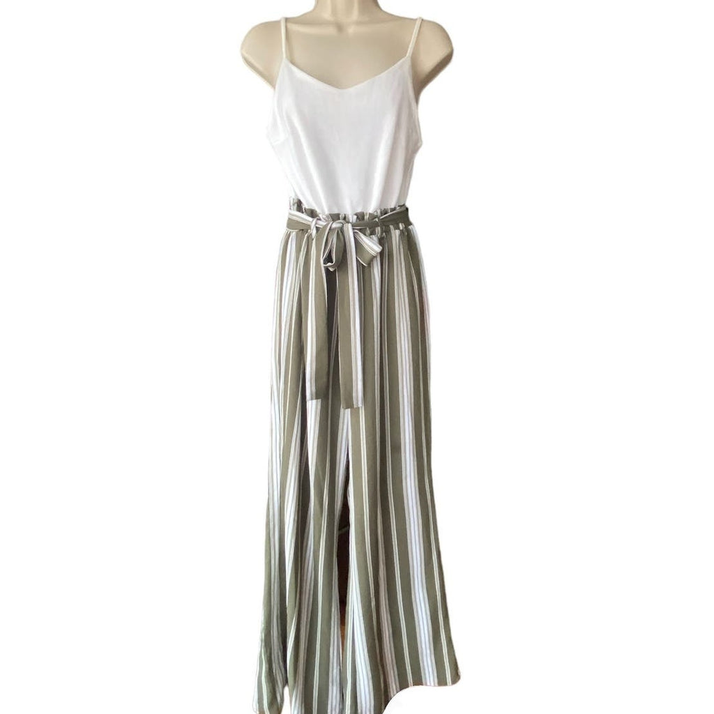 NWT ~ FRANCESCA'S JUN & IVY Green & White Striped Tie Waist Jumpsuit ~ MEDIUM