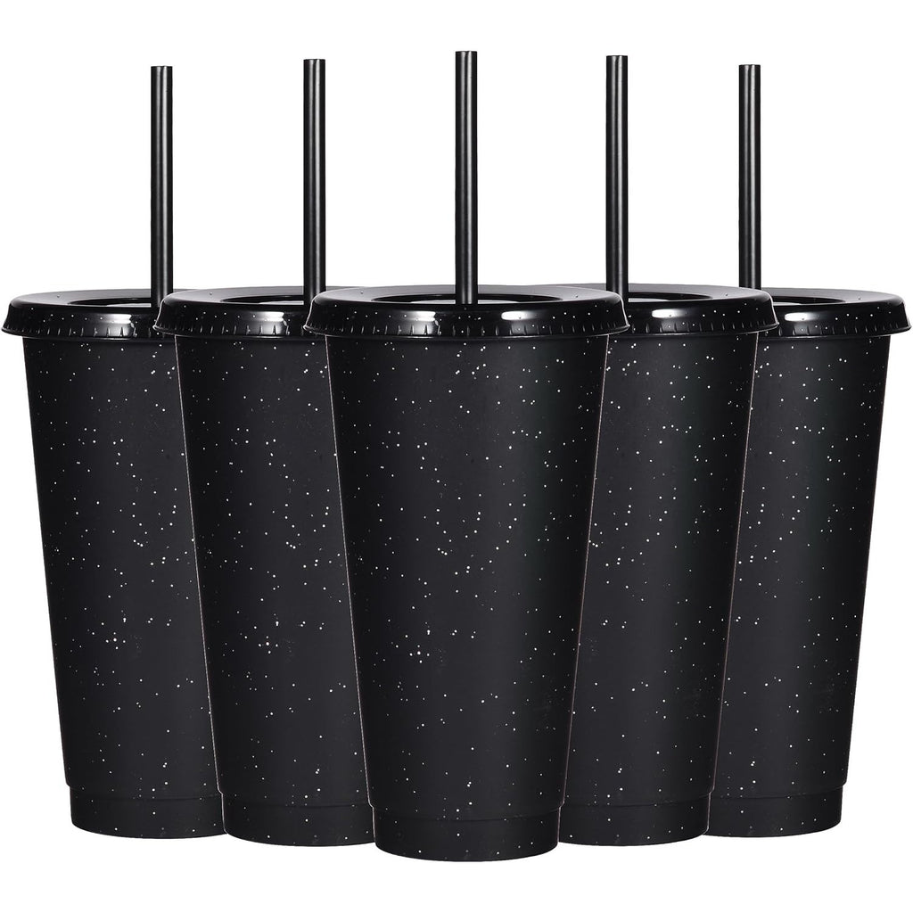 BRAND NEW ~ Set/5 ~ 24oz Black Glitter Reusable Plastic Tumbler Cup Straw & Lid
