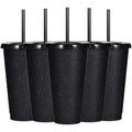 BRAND NEW ~ Set/5 ~ 24oz Black Glitter Reusable Plastic Tumbler Cup Straw & Lid
