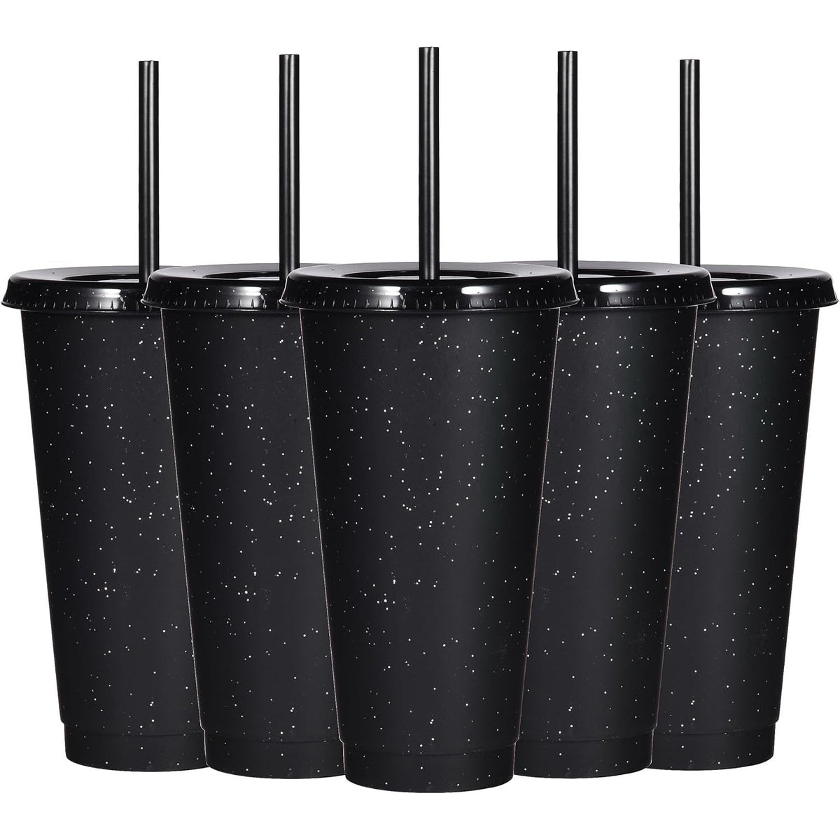 BRAND NEW ~ Set/5 ~ 24oz Black Glitter Reusable Plastic Tumbler Cup Straw & Lid