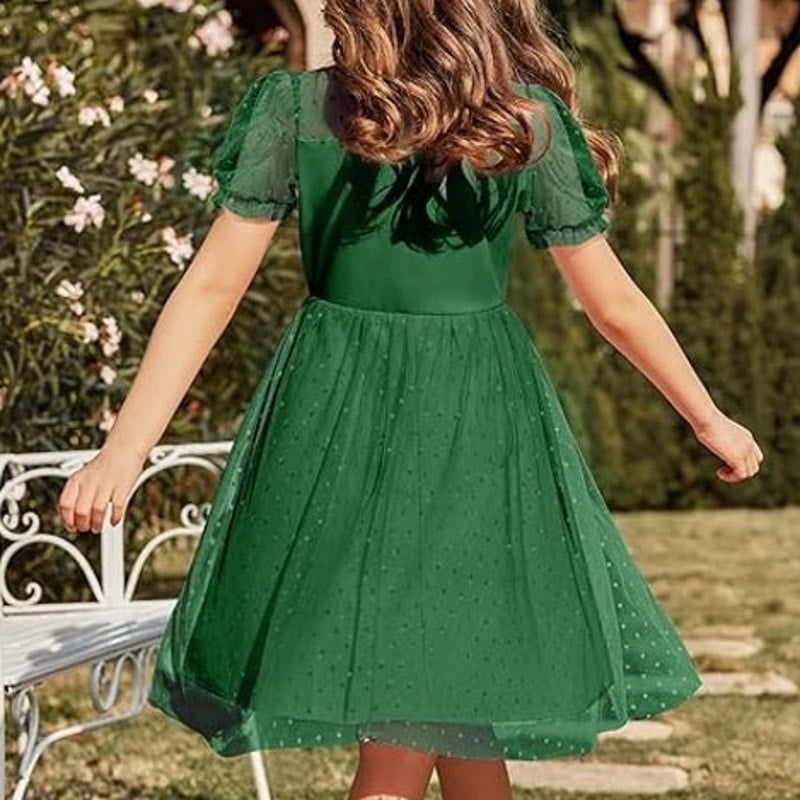 NWT ~ Girls Green Contrast Mesh Puffy Short Sleeve A Line Dress ~ Size 10 - 10/12