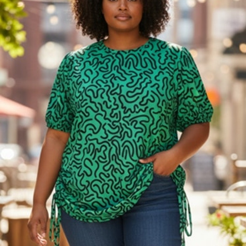 NWT ~ Women's Plus Size Green & Black Ruched Sides Short Sleeve Blouse ~ 4X
