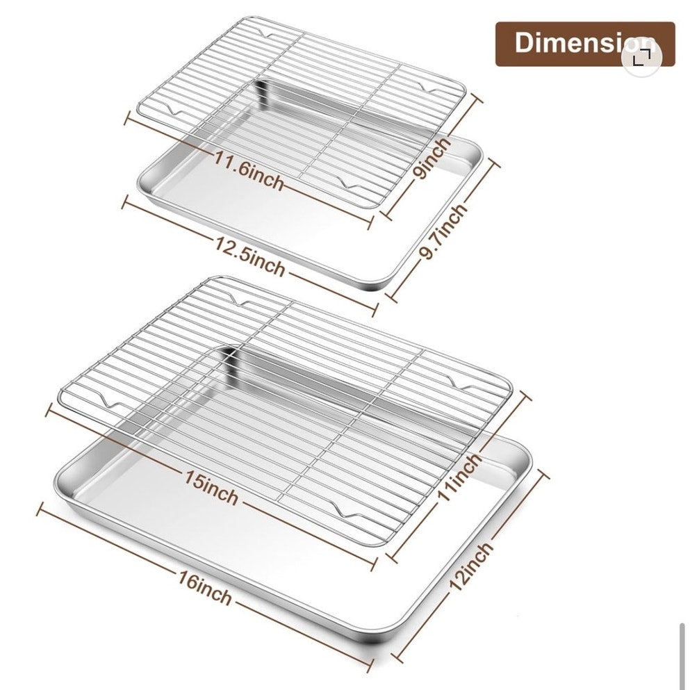 BRAND NEW ~ Set/4 Stainless Steel Baking Sheet Pans & Cooling Racks ~ 16" & 12"