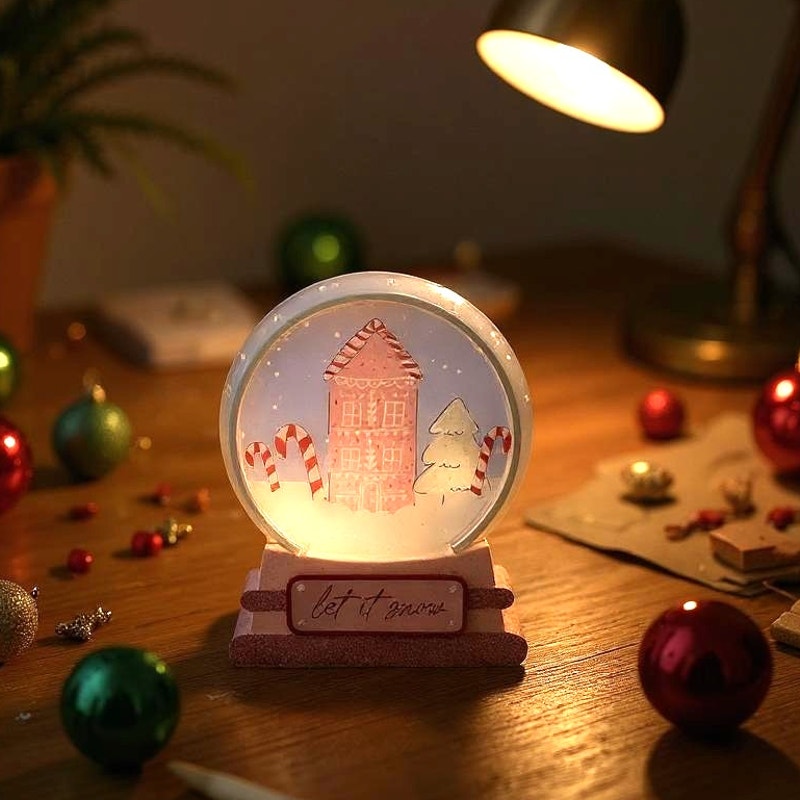 NWT ~ Let It Snow Light Up Wooden Pink Glitter Christmas Holiday Snow Globe