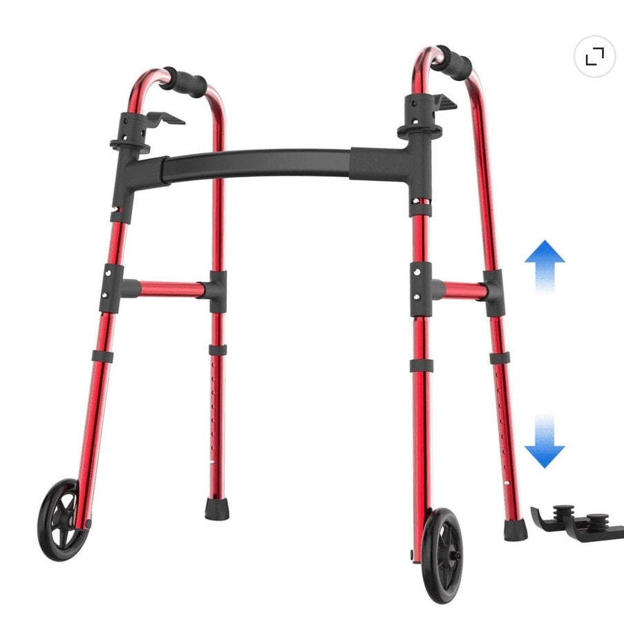 BRAND NEW ~ Red Lightweight Folding Walker for Seniors with Wheels & Skis Glides