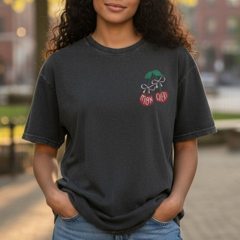 NWT ~ Black Washed Out Distressed Mon Cheri Cherries T-Shirt ~ Women's SMALL