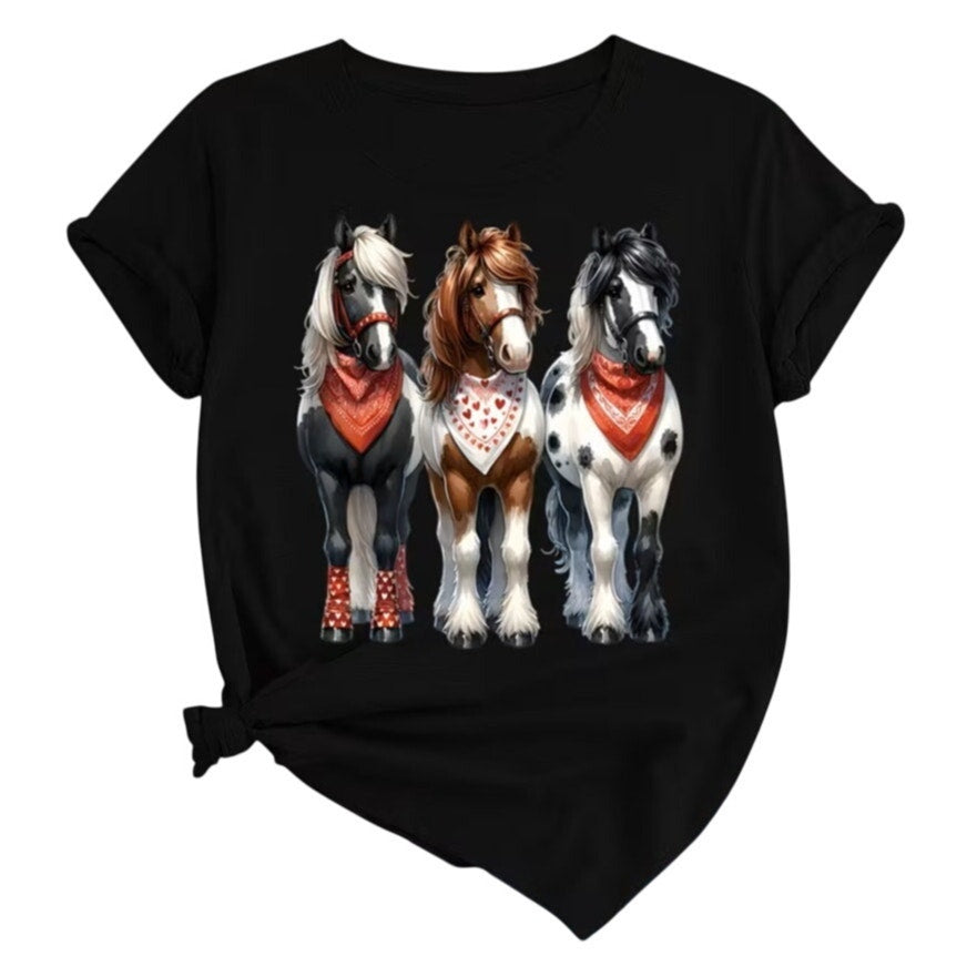 NWT ~ BRAND NEW ~ Women's Casual Black Cotton T-Shirt with Horses ~ Size LARGE