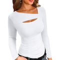 NWT ~ Women's Sexy White Ribbed Slim Fit Keyhole Front Long Sleeve Top ~ LARGE