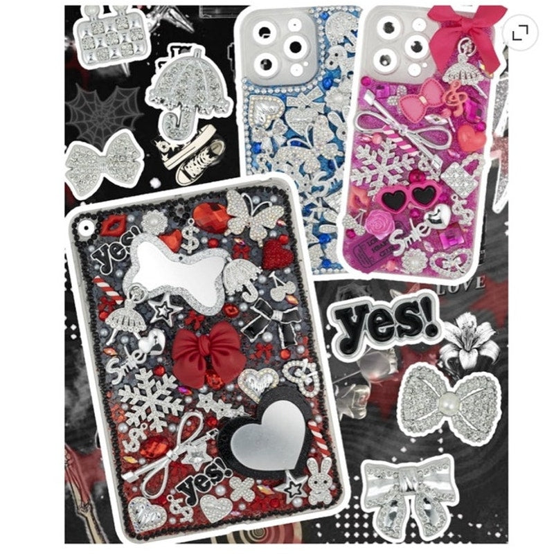 BRAND NEW ~ 80pcs Bulk Silver Rhinestone Big Bling Flat Back Charms Hearts Bows