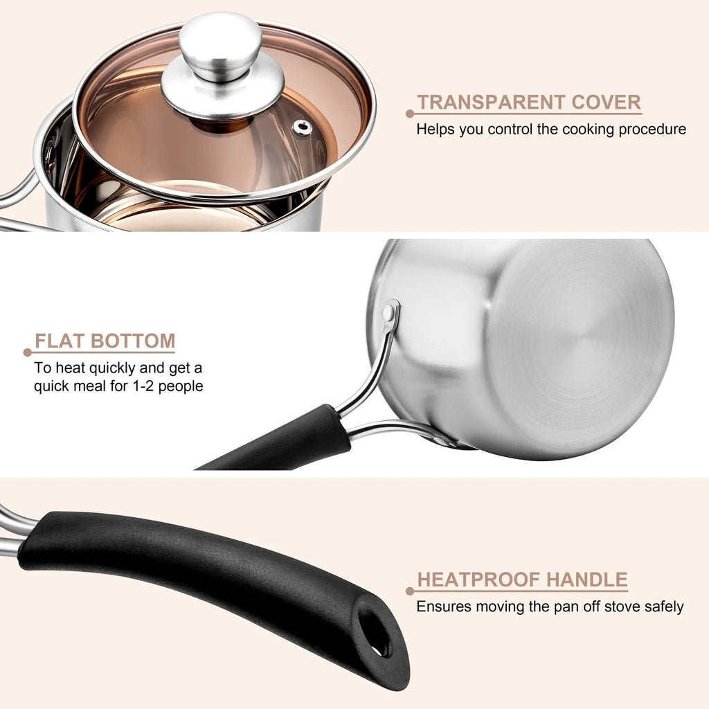 BRAND NEW ~ 1 Quart Saucepan Stainless Steel Soup Milk Pan with Transparent Lid