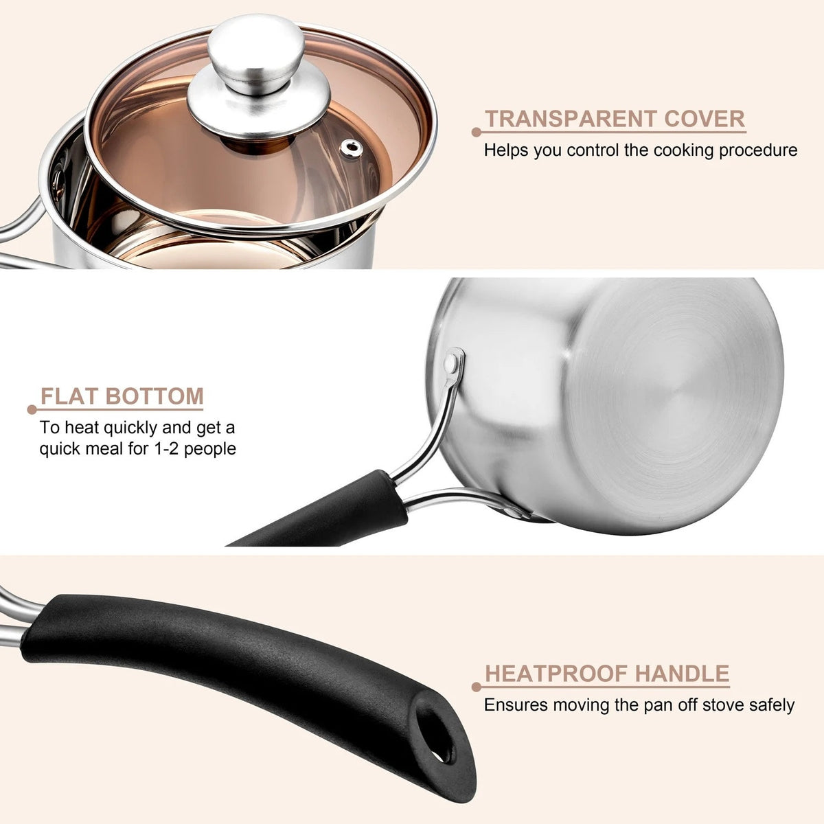 BRAND NEW ~ 1 Quart Saucepan Stainless Steel Soup Milk Pan with Transparent Lid