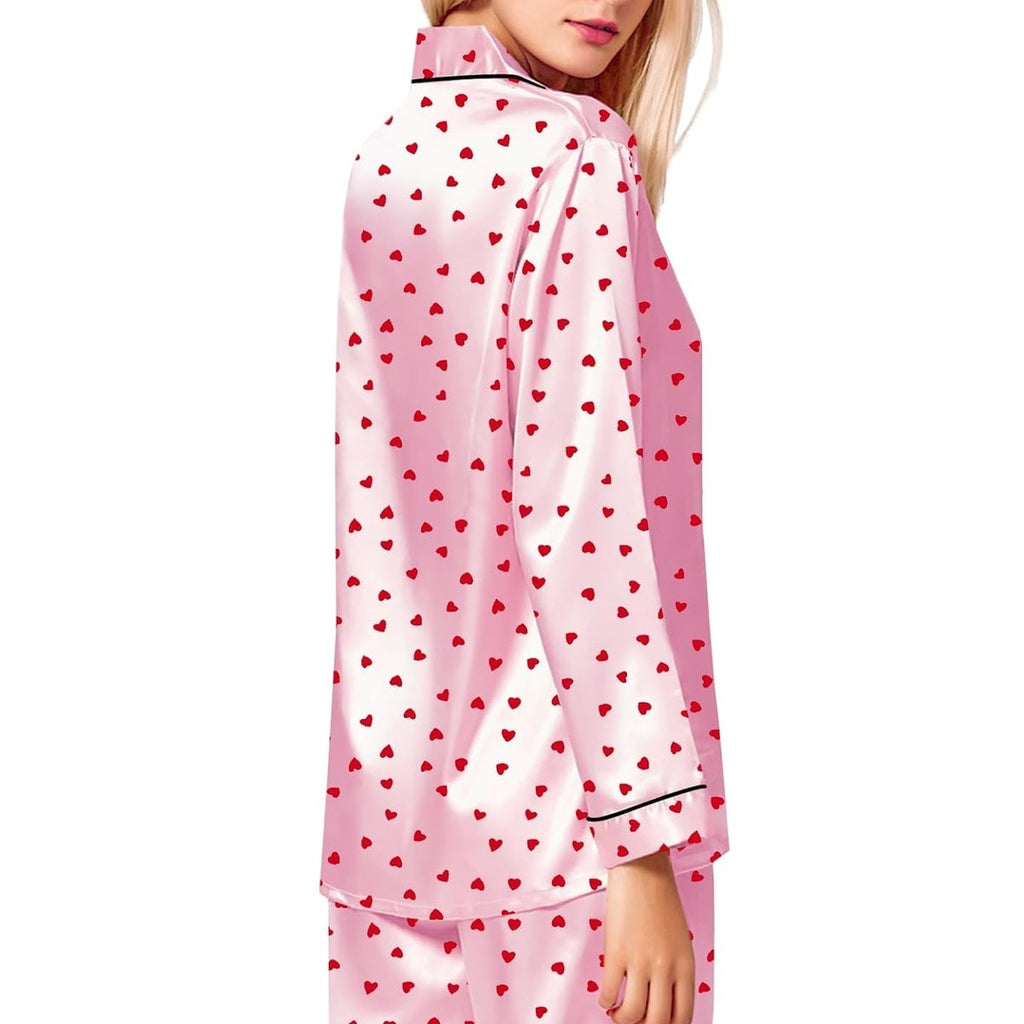 NWT ~ Women's Pink Satin Pajamas Red Hearts Black Trim PJ's ~ Size XL