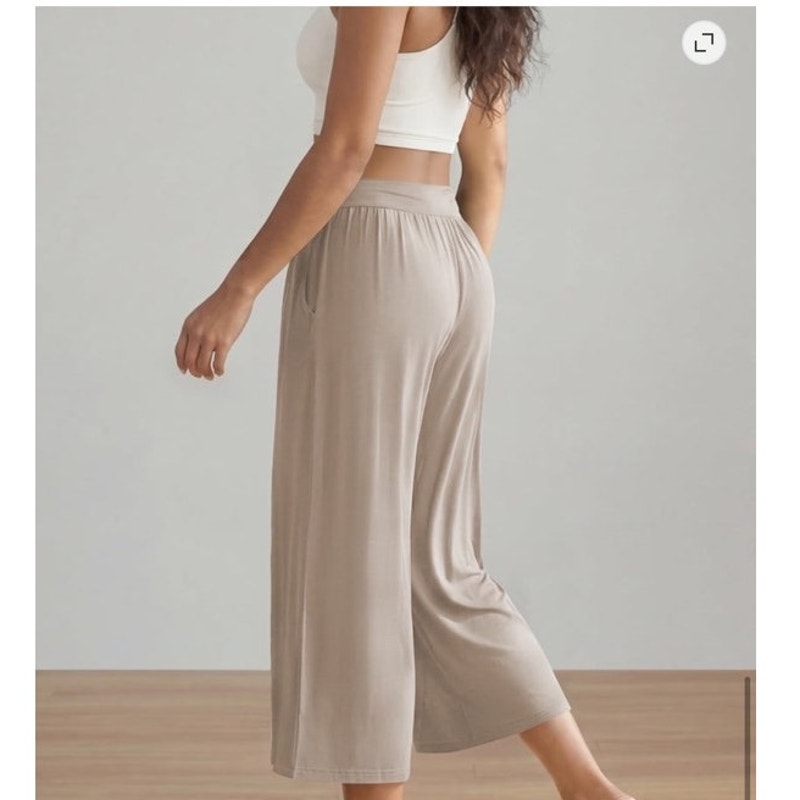 NWT ~ Plus Size Tan Wide Leg Cropped Casual Palazzo Pants Yoga Lounge ~ XXL