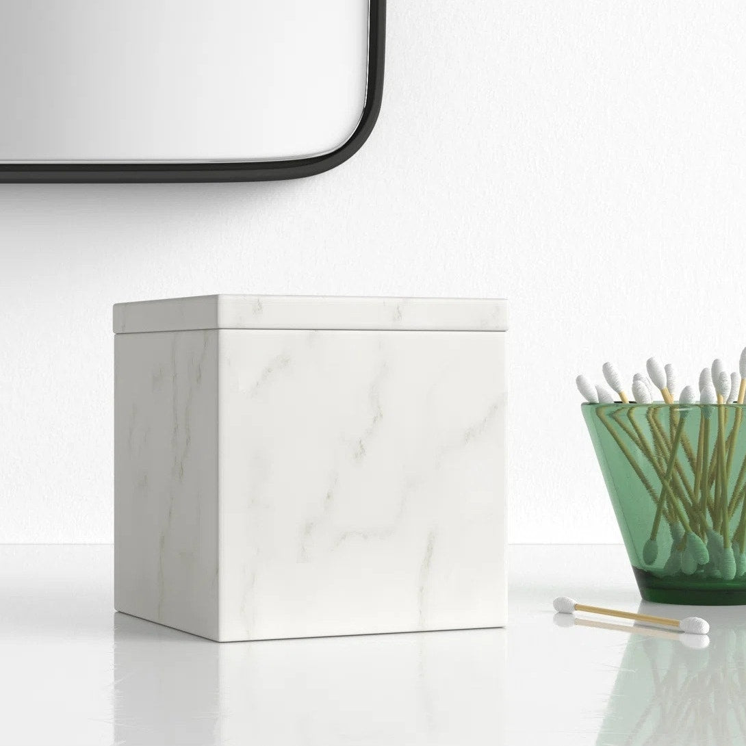 NWT ~ Marmol White & Gray Genuine Marble Bathroom Counter Storage Box with Lid