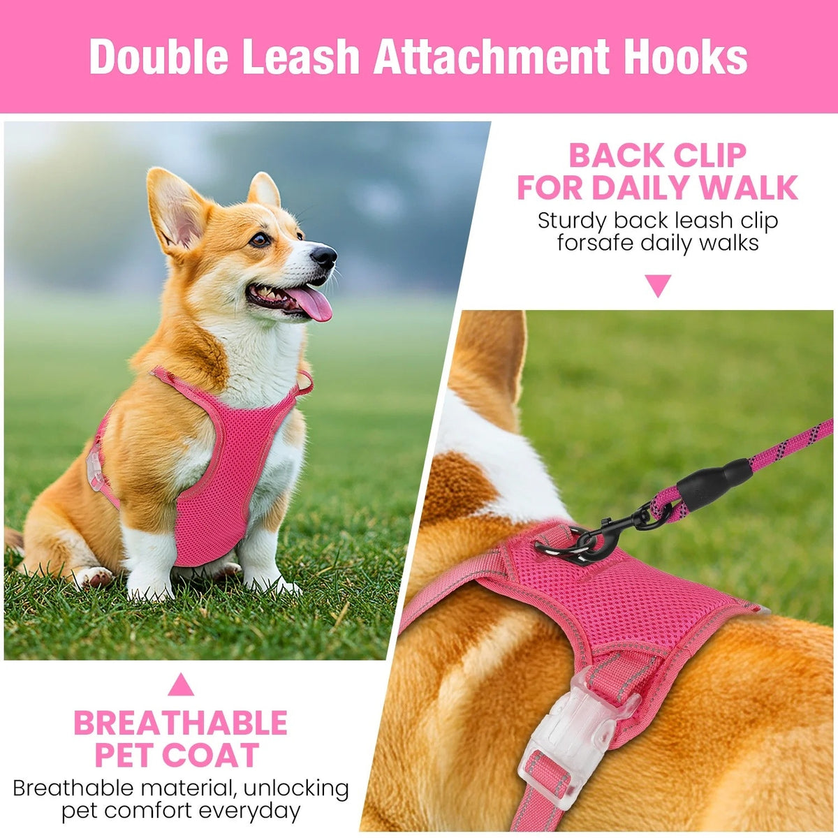 BRAND NEW ~ Pink No Pull Reflective Adjustable Dog Harness Vest & Handle MEDIUM