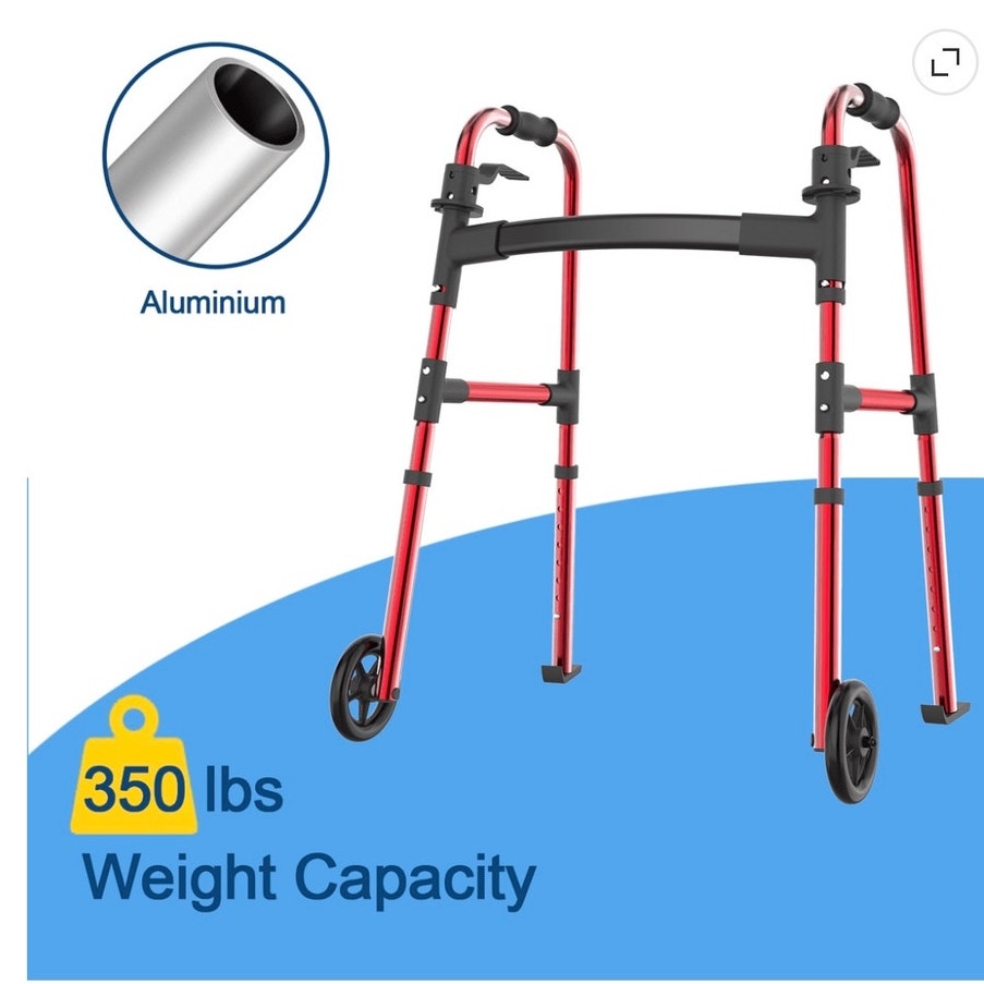 BRAND NEW ~ Red Lightweight Folding Walker for Seniors with Wheels & Skis Glides