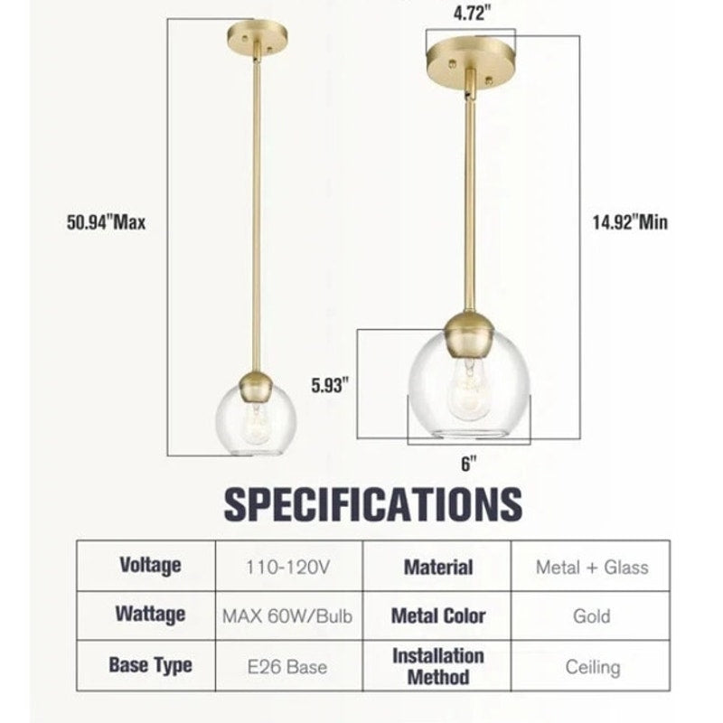 NWT ~ Daemar 1 Light Single Globe Gold Modern Farmhouse Dimmable Pendant Light