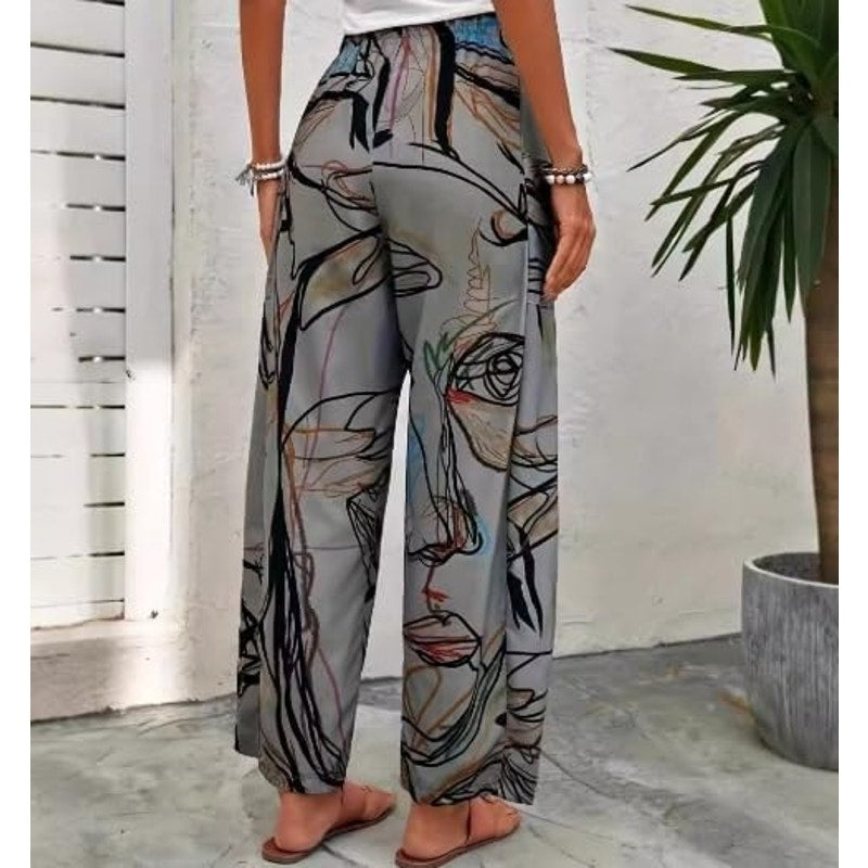 NWT ~ Gray Abstract Pockets Wide Leg Loose Casual Pants ~ Women's Size LARGE