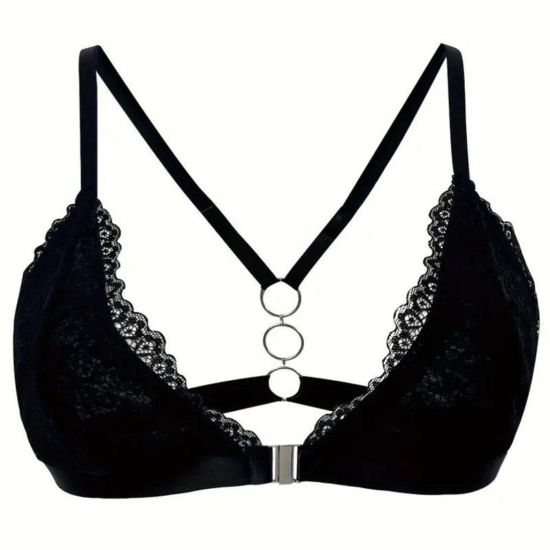 NWT ~ Set/ 3 Black Lace Front Closure Cross Back & Metal Rings Bras ~ MEDIUM