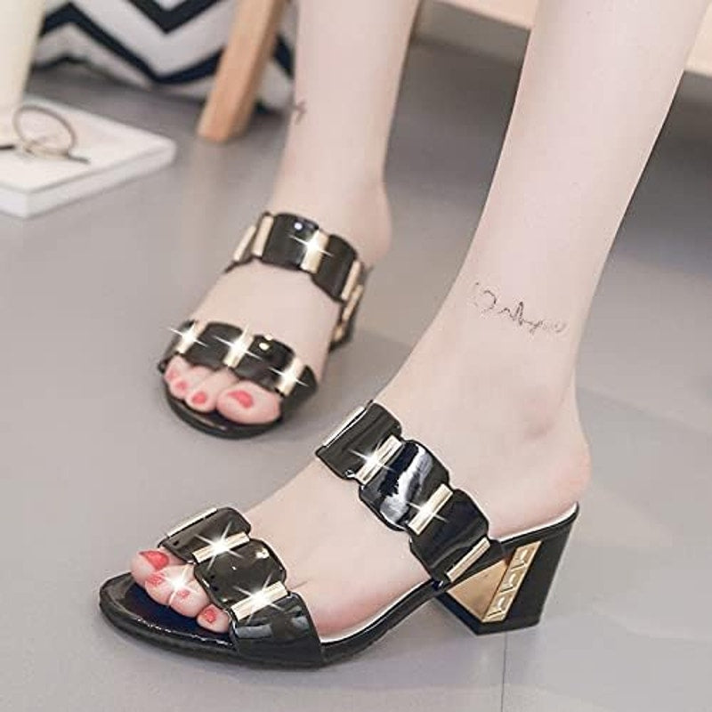 BRAND NEW ~ Women's Black & Gold Chunky Heel Slides Dressy Shoes ~ Size 5 (35)