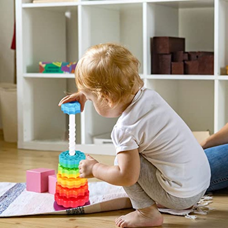 BRAND NEW ~ Colorful Spinning Stacking Toy Rainbow Tower Dual Color Wheels