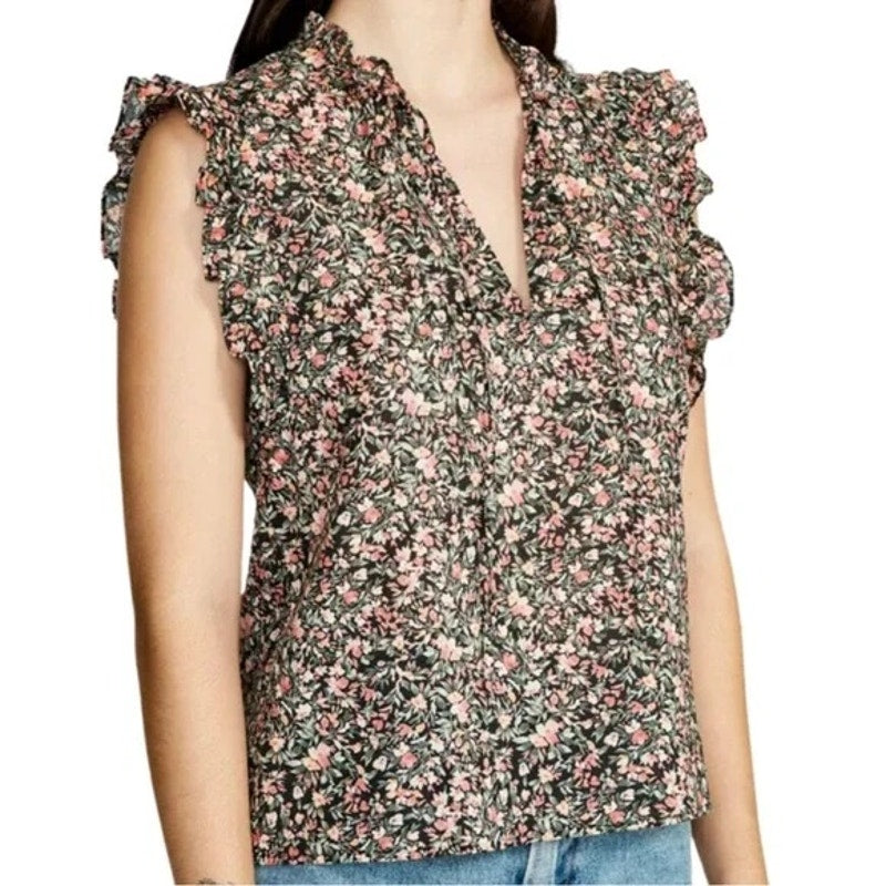 NWT ~ STEVE MADDEN Black Ruffle Calico Sleeveless Blouse Ditsy Top ~ SMALL