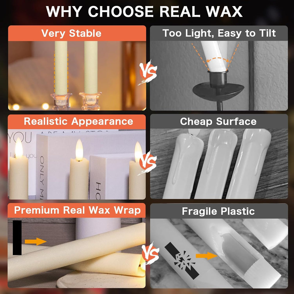 BRAND NEW ~ Set/2 Wax LED Flameless White Flickering 9.6" Taper Candles & Remote