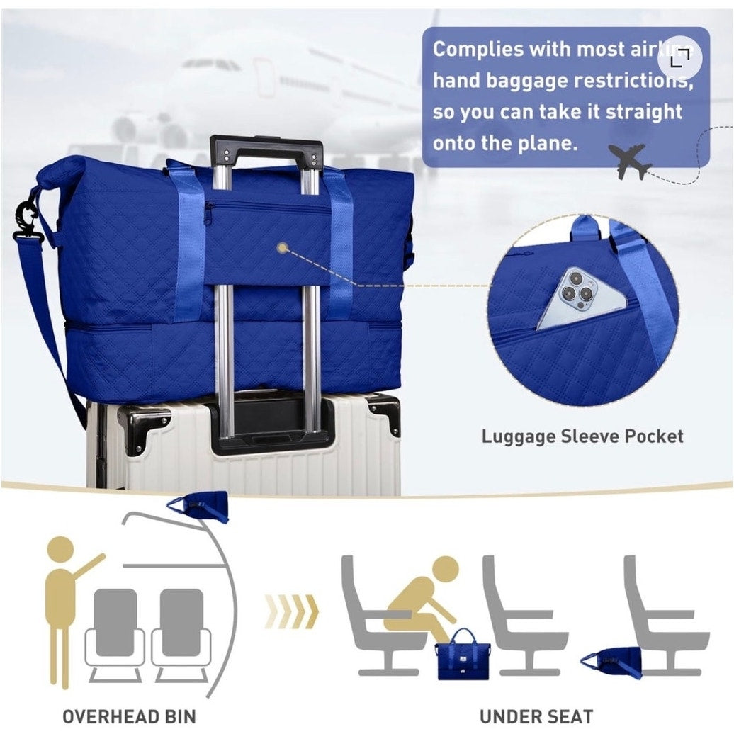 BRAND NEW Royal Blue Quilted Travel Overnight Duffle Bag Weekender & Wet Pocket