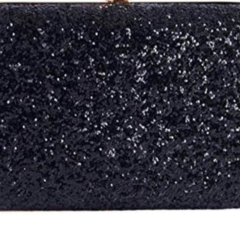 NWT Sparkly Black Glitter Clutch Crossbody Shoulder Bag Hardshell Evening Purse