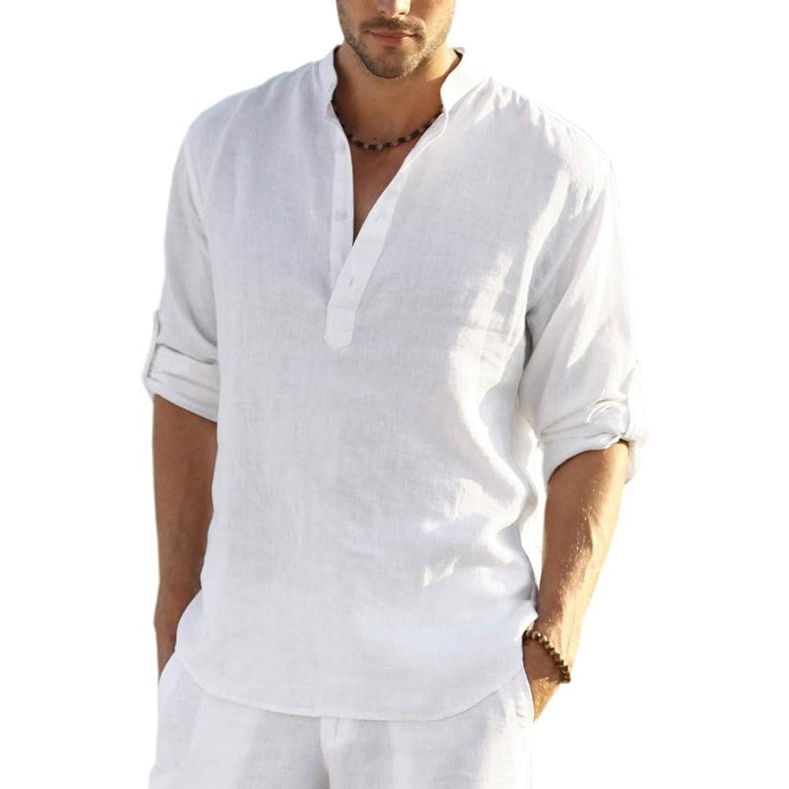 BRAND NEW ~ Men's White Henley Long Sleeve Hippie Casual Beach Shirt ~ MEDIUM