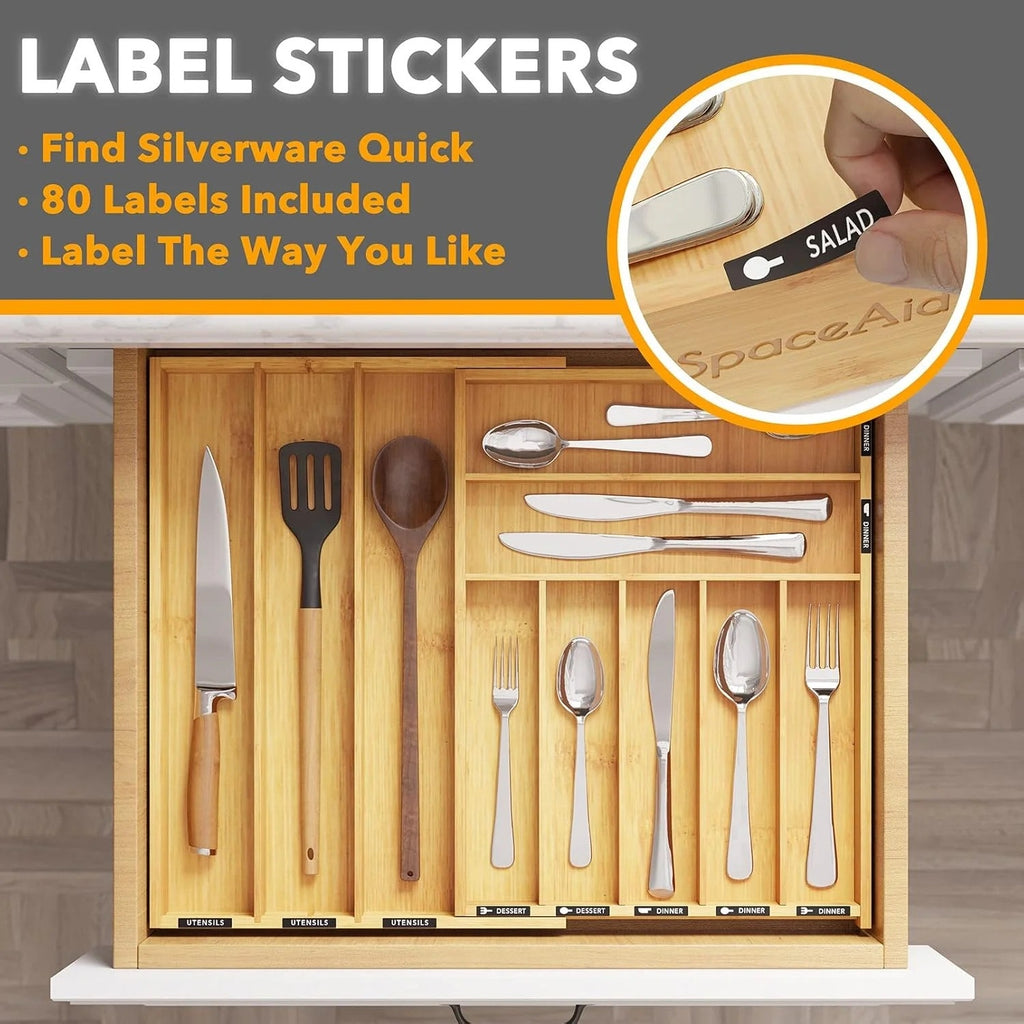 BRAND NEW ~ Expandable 10 Slots Bamboo Silverware Drawer Organizer & Labels
