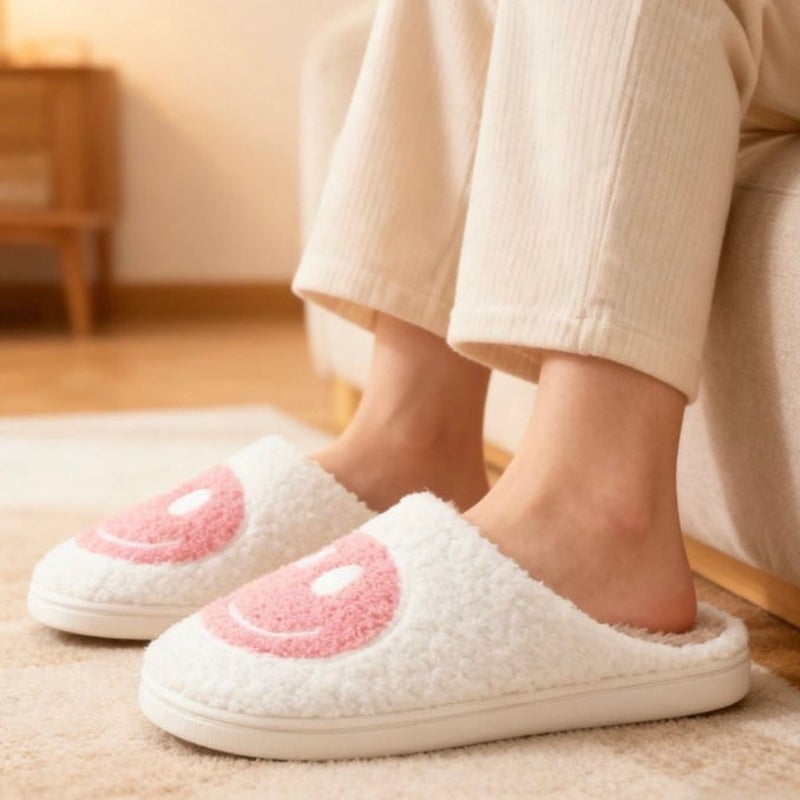 BRAND NEW ~ Pink & White Smiley Face Slip-On Non-Slip Fuzzy Slides Slippers ~8/9