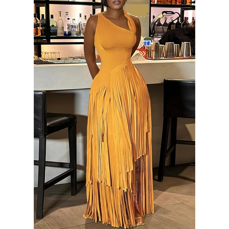 NWT ~ Women's Long Sleeveless Light Orange Fringe Maxi Party Dress ~ Size XL