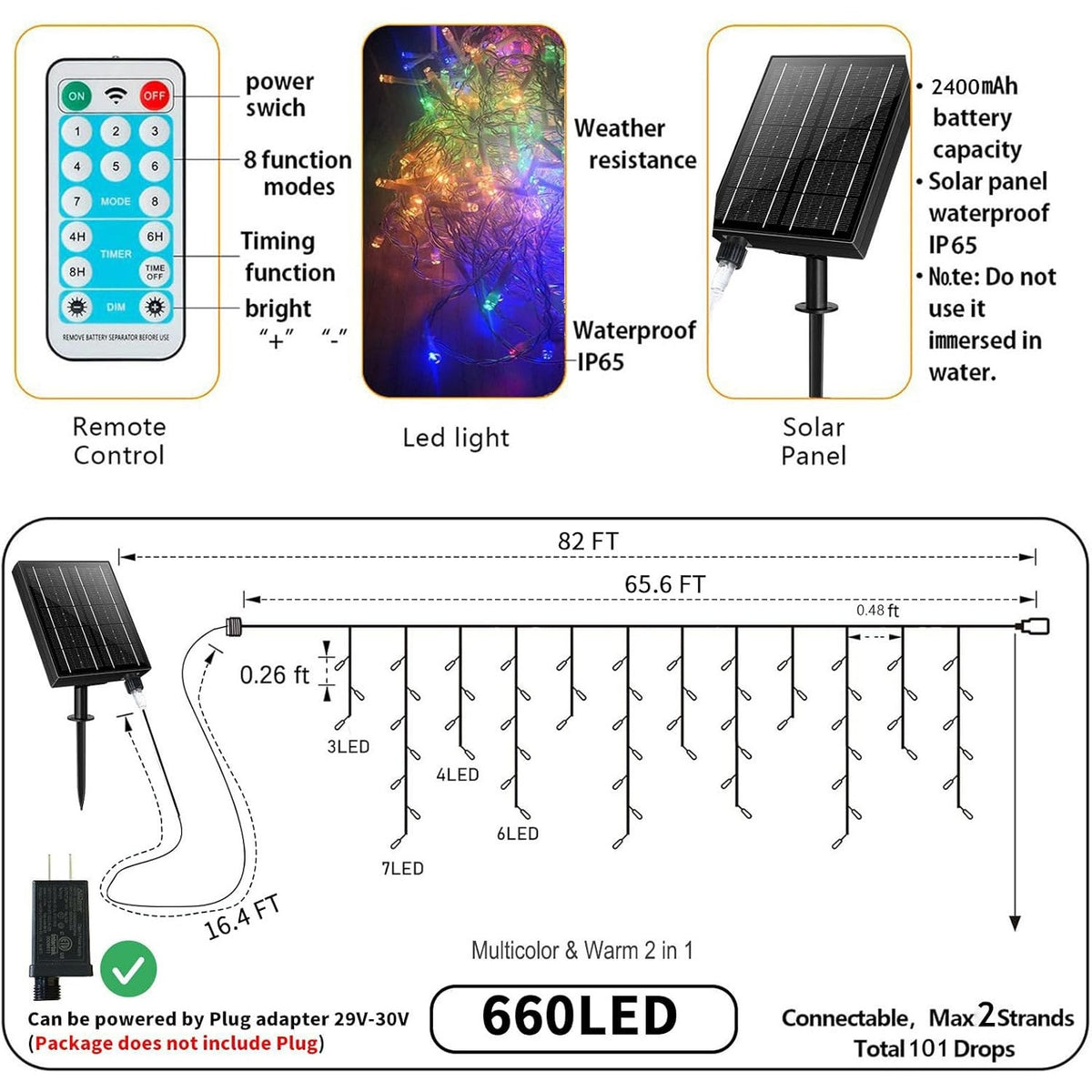 BRAND NEW ~ 82Ft Solar Icicle Outdoor Multicolor Christmas Lights & Remote