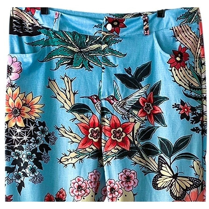 NWT ~ Blue Vintage Look Groovy 70's Polyester Floral Birds Flare Leg Pants ~ L