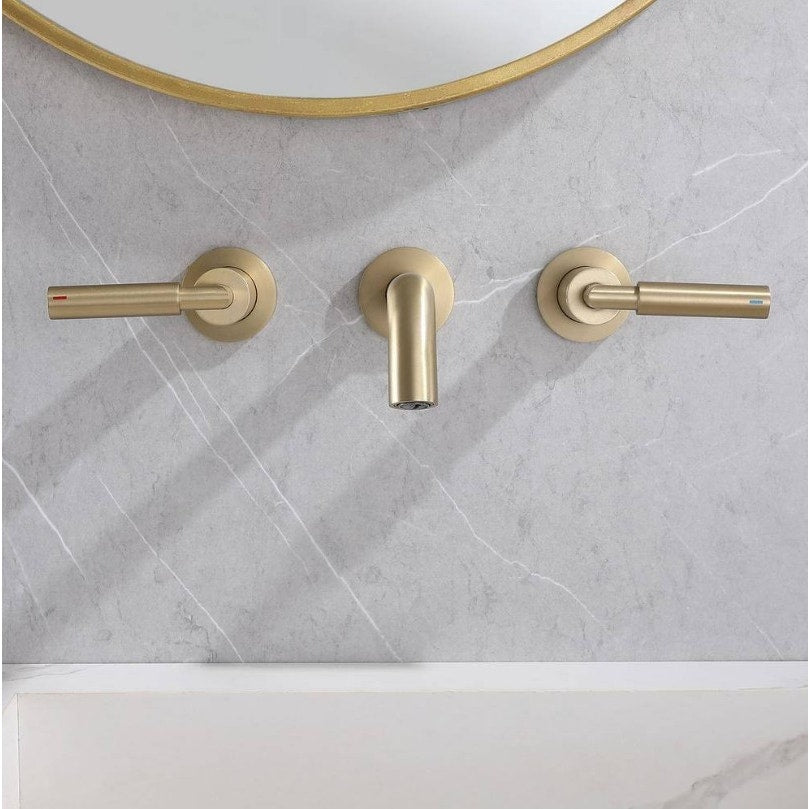BRAND NEW ~ Brushed Gold Double Handle Wall Mounted Bathroom Faucet Modern 3-Hole Brass Taps