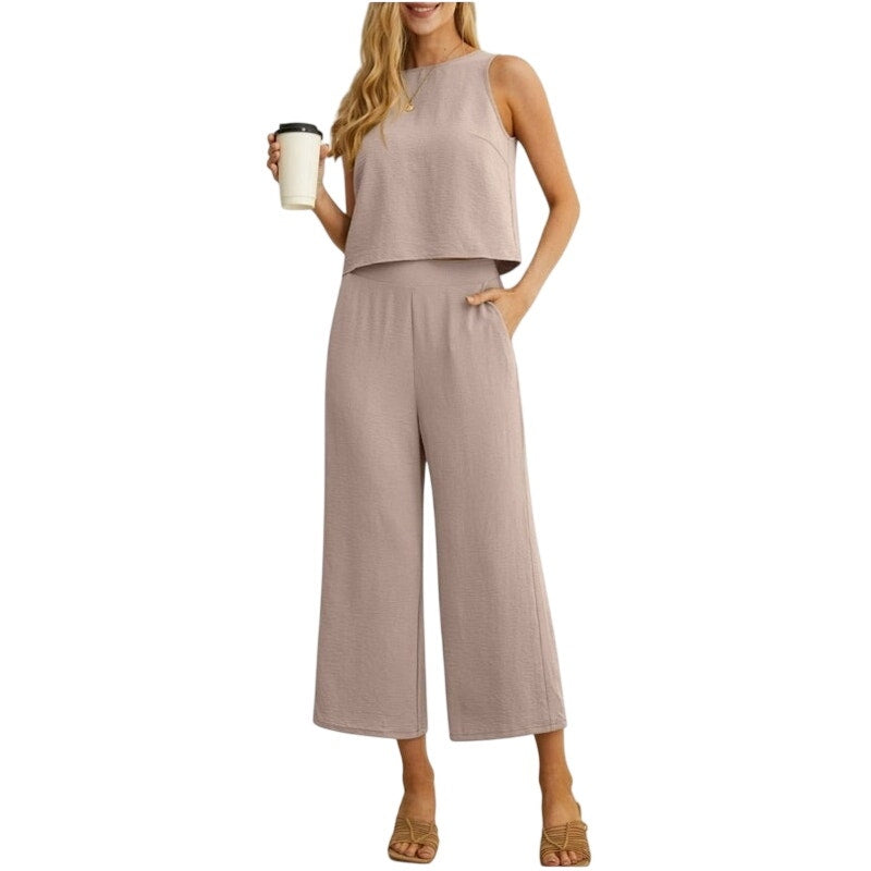 NWT ~ Women's Light Khaki 2pc Summer Sleeveless Cropped Top & Wide Leg Pants ~ S
